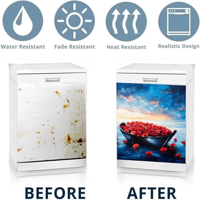 Dishwasher Magnet Cover, Red Poppies in Boat on Blue Ocean Refrigerator Magnetic Vinyl Sticker for Dishwasher Door, Metal Horse Decorative Kitchen Appliance Panel Decal, 23Wx26H Inches