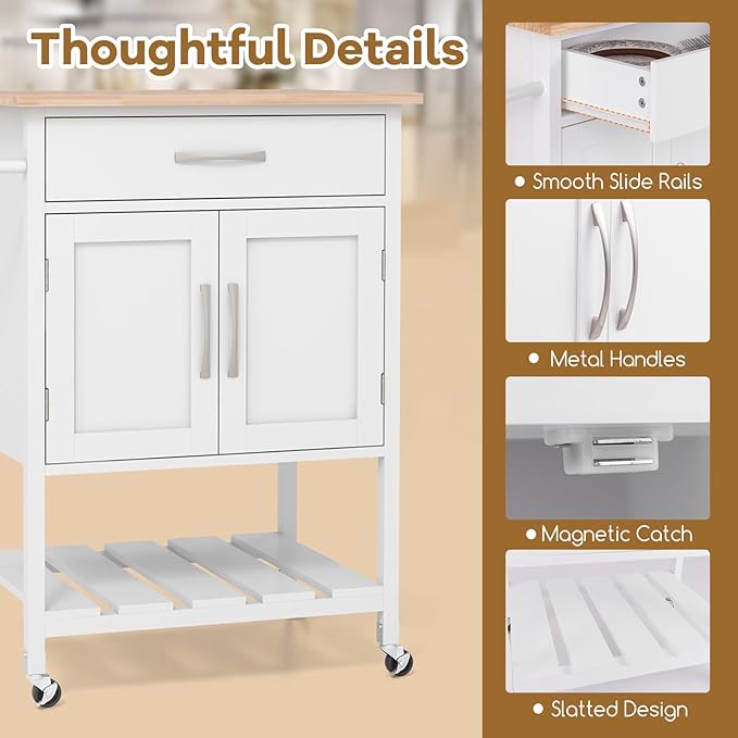 Giantex Rolling Kitchen Island Cart, Mobile Serving Cart with Drawer, 2-Door Storage Cabinet, Storage Shelf, Towel Rack, Food Prep Utility Cart on Wheels for Dining Room, Living Room (White)