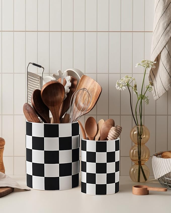Checkered Utensil Holder, 7.1"+5.8" Inch Ceramic Spatula Holder, Black Cooking Kitchen Utensil Holder for Countertop, Kitchen Decor and Accessories for Counte