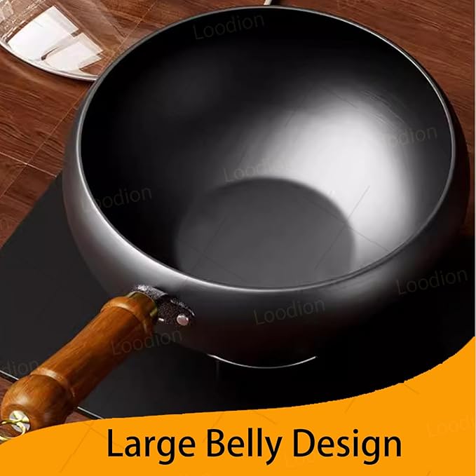 Uncoated Thick Iron Pot - Unenameled Cast Iron Casserole, Handmade Hammered & Large Belly with Lid for Baking, Cooking, Stewing (with Wood Lid,28CM/11.02IN)