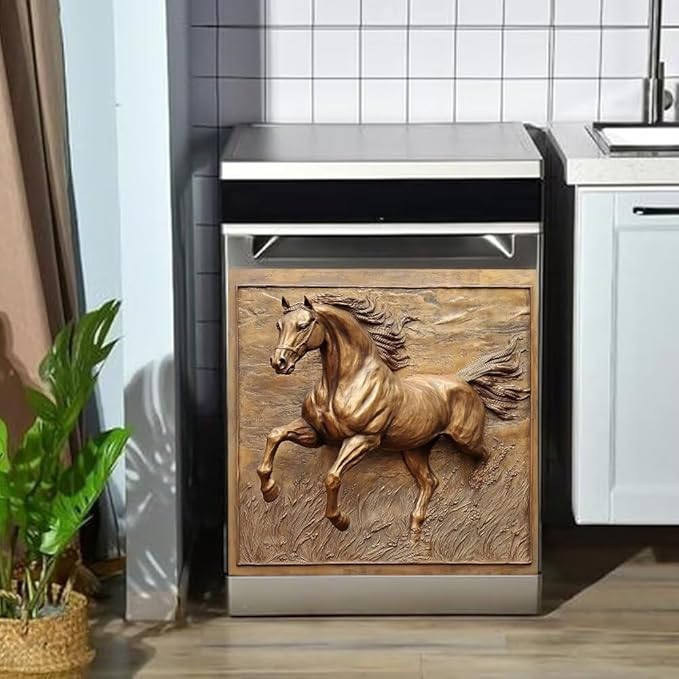 Dishwasher Magnet Cover, Bronze Gold Running Horse Refrigerator Magnetic Vinyl Sticker for Dishwasher Door, Metal Horse Decorative Kitchen Appliance Panel Decal, 23Wx26H Inches