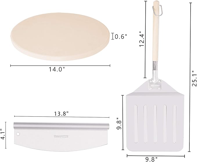 Royal Gourmet KSF1406 3-Piece Pizza Set for Grill, BBQ and Oven with 14-Inch Round Pizza Baking Stone, Peel/Shovel and Cutter, Baking Tools, Multi