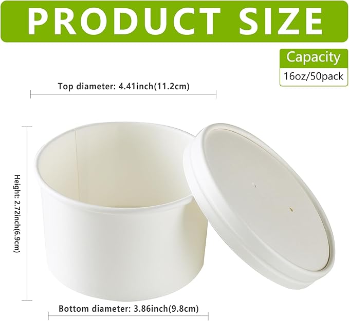 50-Pack 16oz White Paper Ice Cream Cups with Vented Lids, Paper Soup Containers with lids, Disposable Dessert Bowls for Hot or Cold Food Party Supplies, Restaurants & Takeout