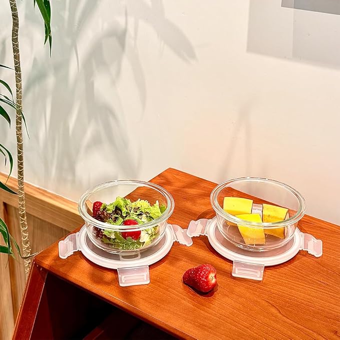 Small Round Glass Food Storage Containers With Lids, 1.5 Cup Round Meal Prep Bowls With Lids BPA-Free, Airtight Small Glass Food Containers for Microwave, Dishwasher, Freezer Safe-（4 pack）