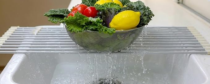 Aluminum Roll Up Dish Drying Rack Over Sink - Supports up to 55 lbs | Heavy Duty Square Bar | Rust-Free Anodized & Heat Resistant Cooling Rack with Dish Holder (Purple Gray, Large)