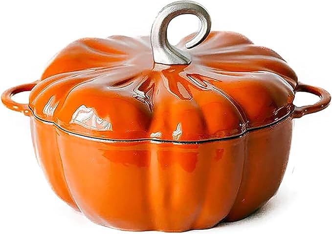 Pumpkin Cocotte,Pumpkin Dutch Oven Pot with Lid,Enamel Cast Iron Cooking Pot,Non Stick Pumpkin Pot,Stew Pot Soup Pot,Serves 3-5,Halloween Thanksgiving Decor Pot Gift(3.9 Quart, Orange)