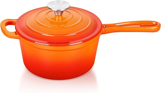 TeamFar Enameled Cast Iron Sauce Pan, 1QT Small Sauce Pot with Lid, Mini Dutch Oven Saucepan for Cooking/Simmering/Baking/Boiling, Sturdy & Nonstick, Oven Safe & Fit for Induction- Orange