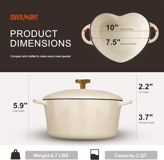 Overmont Enameled Cast Iron Dutch Oven - Heart-Shaped Pot with Lid Cookbook & Cotton Pot Holders - Mini Cookware Oven Safe to 500°F for Bread Baking Soups Stews - Great Gift for Wedding Birthday Housewarming 2QT White