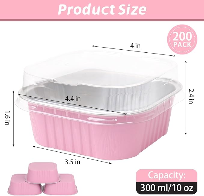 200 Pack 10 oz Pink Square Mini Cake Pans with Lids, Aluminum Foil Square Brownie Baking Cups for Ramekins Muffin Cupcake Wedding Birthday Party
