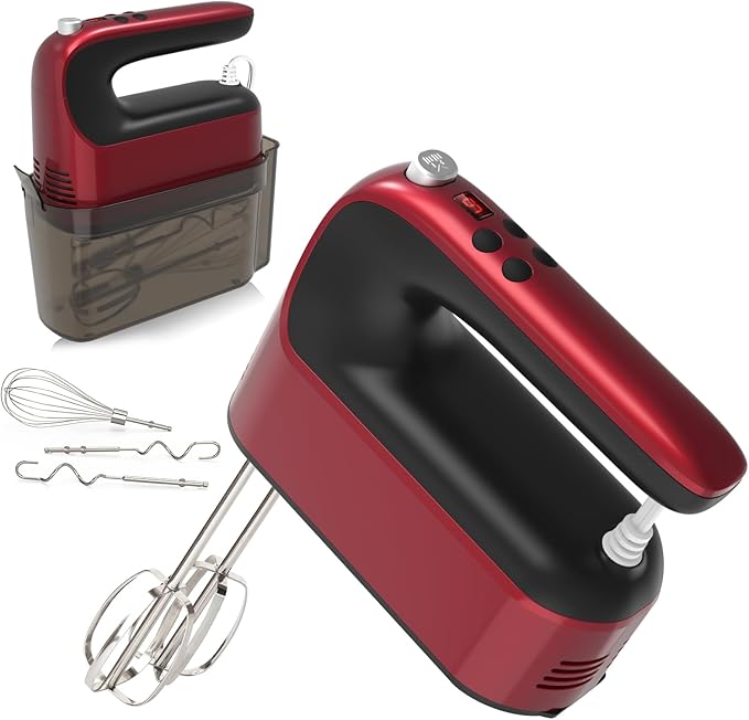 9-Speed Digital Hand Mixer Electric, 400W Powerful DC Motor, Hand Mixer Electric Handheld with Snap-On Storage Case, 5 Stainless Steel Accessories, Beaters, Dough Hooks, Whisk(Red)