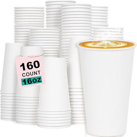 16 oz 160 Pack Disposable Coffee Cups, Bulk White Disposable Paper Cups, Coffee Cups for Hot Tea, Chocolate and Cold Drinks