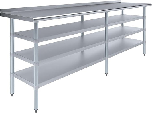 AmGood Stainless Steel Work Table with 1.5" Backsplash and 3 Shelves | Metal Kitchen Food Prep Table | NSF (96" Long x 24" Deep)