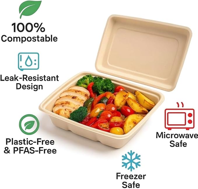 100 Pack 750ml Compostable Food Containers with Lids | Leak-Proof | Microwave & Freezer Safe | Eco-Friendly Meal Prep & Takeout Boxes (200)
