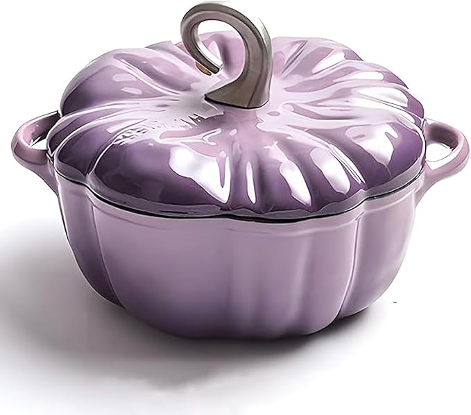 Pumpkin Cocotte,Pumpkin Dutch Oven Pot with Lid,Enamel Cast Iron Cooking Pot,Non Stick Pumpkin Pot,Stew Pot Soup Pot,Serves 3-5,Halloween Thanksgiving Decor Pot Gift(3.9 Quart, Purple)