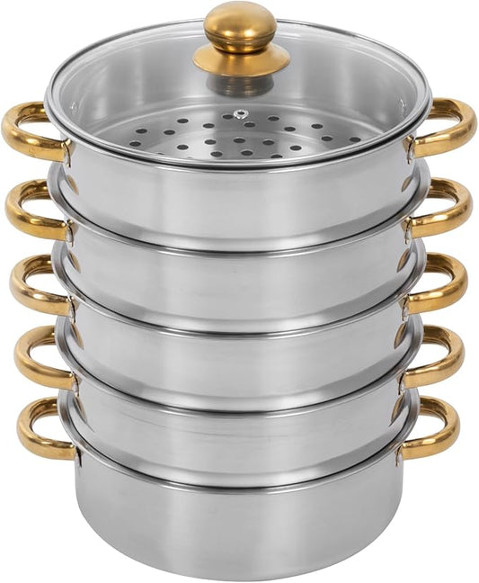 5-Tier Stainless Steel Steamer Pot, 1.85 Gal Large Capacity Stackable Steamer Basket Set for Healthy Cooking, Quick & Even Heating with Clear Lid, for Family Kitchen, Induction & Gas Stove