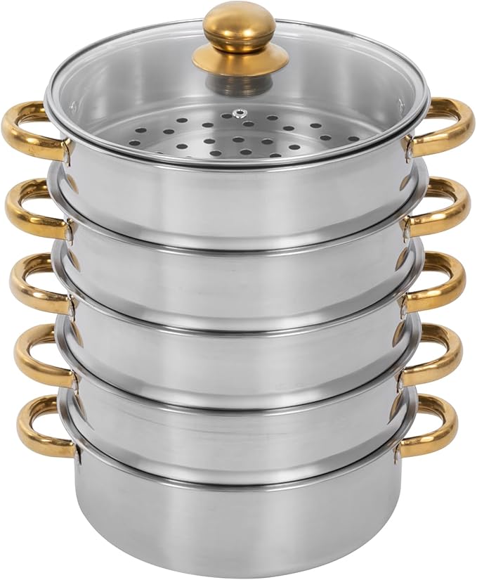 5-Tier Stainless Steel Steamer Pot, 2.38 Gal Large Capacity Food Steam Basket Set with Clear Lid, Multi-Layer Stackable Steamer for Vegetables, Meat, Dumplings, Healthy Cooking, Induction & Gas Stove Compatible