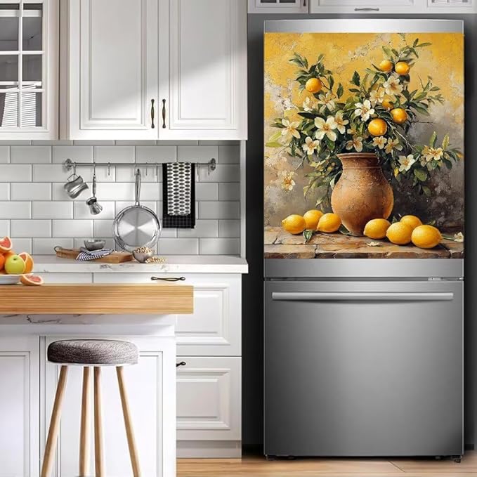 Lemon Floral Vase Dishwasher Magnet Cover, Rustic Flowers Refrigerator Magnetic Vinyl Sticker for Dishwasher Door, Decorative Kitchen Appliance Panel Decal, 23Wx26H Inches