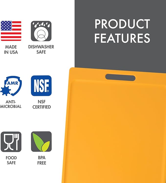 Dexas NSF Certified Polysafe Cutting Board with Handle, 11 x 14.5 Inches, Reversible Kitchen Cutting Board, Yellow