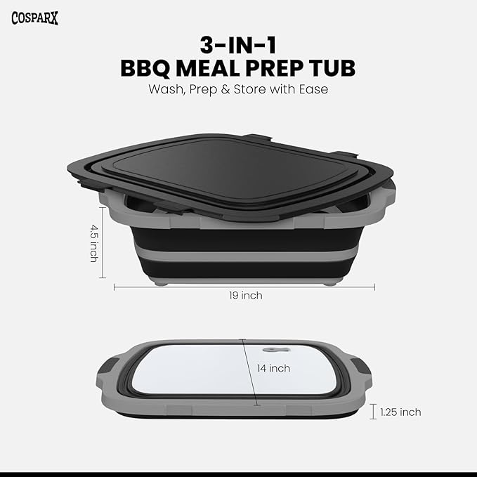 XL Collapsible BBQ Prep Tub with Cutting Board & Drain Plug – Portable Food Prep Station for Kitchen, Camping & Grill – Dishwasher Safe, Space-Saving Design – Bonus Heat-Resistant Glove Included