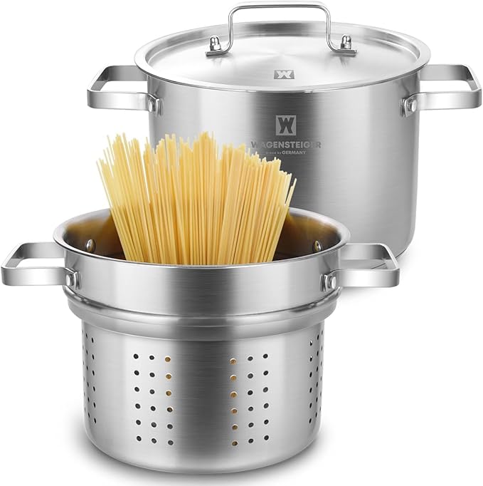 Premium Stainless Steel Asparagus Vegetable Tall Steamer Pot Spaghetti Pasta Stovetop Cooker with Removable Perforated Basket and Lid, Large Size Versatile Cookware (5.2Liters/5.5Quarts)
