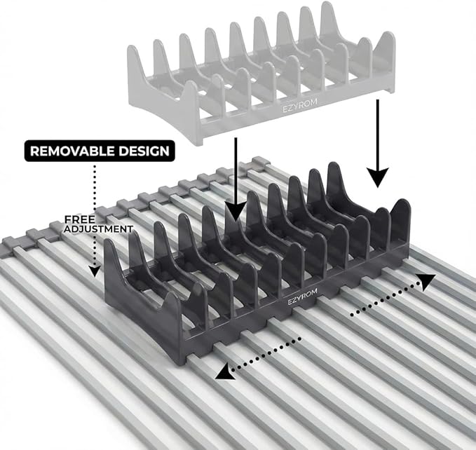 Aluminum Roll Up Dish Drying Rack Over Sink - Supports up to 55 lbs | Heavy Duty Square Bar | Rust-Free Anodized & Heat Resistant Cooling Rack with Removable Dish Holder (Beige, Large)
