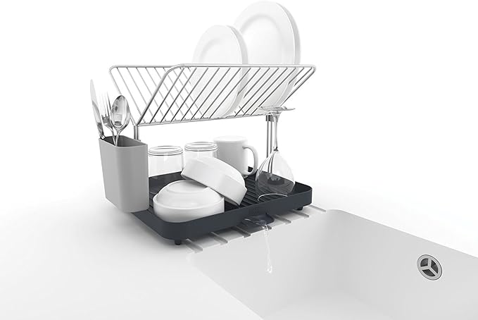Joseph Joseph Y-Rack Dish Rack and Drain Board Set with Cutlery Organizer Drainer Drying Tray, Large, Gray