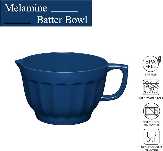 UP UPware Latte Style Melamine Batter Bowl with Pour Spout, Handle and Non-Slip Base, Grip Handle for Easy Mix and Pour, Home Essentials Cooking and Baking Tools, 4.3 quart, 11.5 x 8.75 Inch, Navy