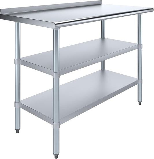 AmGood Stainless Steel Work Table with 1.5" Backsplash and 2 Shelves | NSF (48" Long x 24" Deep)