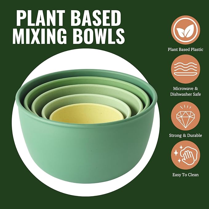 Bamboozle Mixing Bowls | 5 Piece Plant-Based Nesting Bowl Set | Matte Finish | Multi-Color | Dishwasher and Microwave Safe | Fresh Guacamole
