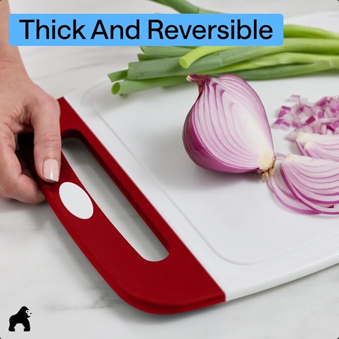 GORILLA GRIP BPA-Free Reversible Kitchen Cutting Board Set of 3, US Designed, Nonporous, Juice Grooves Catch Liquid, Slip Resistant Border, Dishwasher Safe, Durable Large Food Chopping Boards, Red