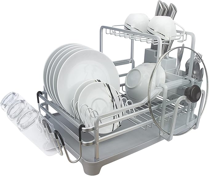 Evelyne GMT-10353-B Aluminum Dish Drying Rack with Utensil Holder - 2 Tier Kitchen Countertop Rust Proof Dish Rack Lid Hanger and Drainboard Set - Large Dish Organizer Rack