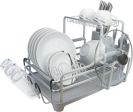 Evelyne GMT-10353-B Aluminum Dish Drying Rack with Utensil Holder - 2 Tier Kitchen Countertop Rust Proof Dish Rack Lid Hanger and Drainboard Set - Large Dish Organizer Rack