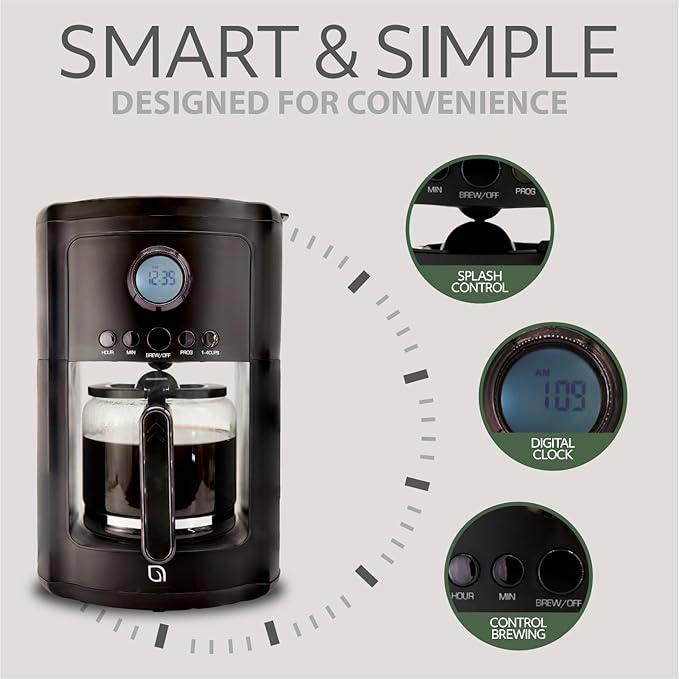 WILLOW Eco Series 12 Cup Drip Coffee Maker, 24 HR Programmable Coffee Maker with Glass Coffee Pot, Removable Filter Basket, Keep Warm Function & Auto Shut-off, Coffee Machine with Digital Display
