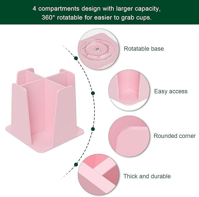 Coffee Cup Organizer for Countertop - Rotating Plastic Cup Holder 4 Compartments Pink Acrylic Cup and Lid Holder for Coffee Bar Restaurant Breakroom Disposable Paper Coffee Cup Dispenser