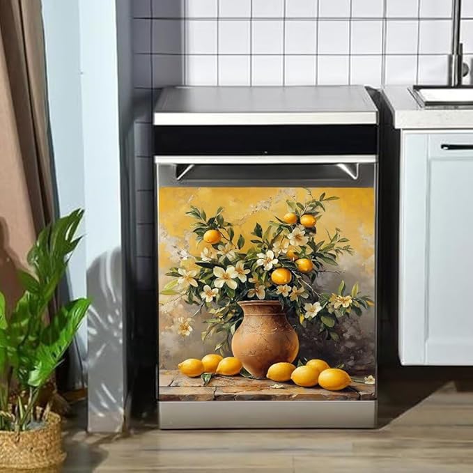 Lemon Floral Vase Dishwasher Magnet Cover, Rustic Flowers Refrigerator Magnetic Vinyl Sticker for Dishwasher Door, Decorative Kitchen Appliance Panel Decal, 23Wx26H Inches
