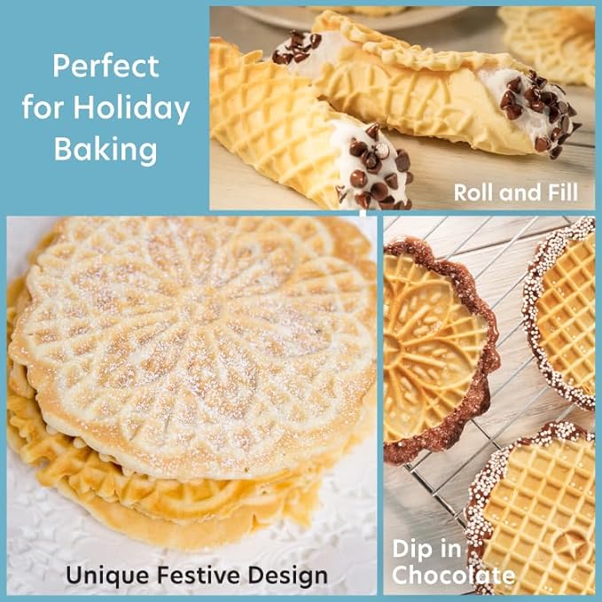 Pizzelle Maker- Polished Electric Baker Press Makes Two 5-Inch Cookies at Once, Even Heating Plates- Must Have Party Baking Supplies - Italian Easter Dessert Treat Making w Recipe Guide- Gift for Her