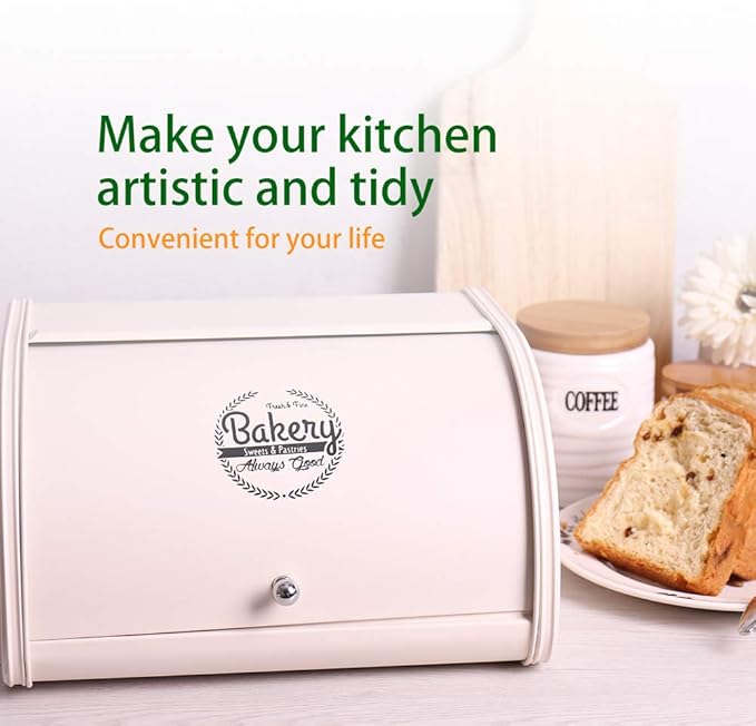 X458 Metal Bread Box for Kitchen Countertop - Stainless Steel Bread Box for Kitchen - Bread Storage Container - Airtight Holder for Homemade Bread, Cream Color