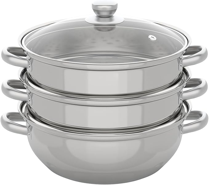 3-Tier Food Steamer Pot for Cooking, Stainless Steel Steamer Pot with Transparent Lid, 11inch Diameter, Stackable Steaming Pots Steam Cooker Cookware for Dumpling Seafood, Work for Induction Stove (11in Diameter)