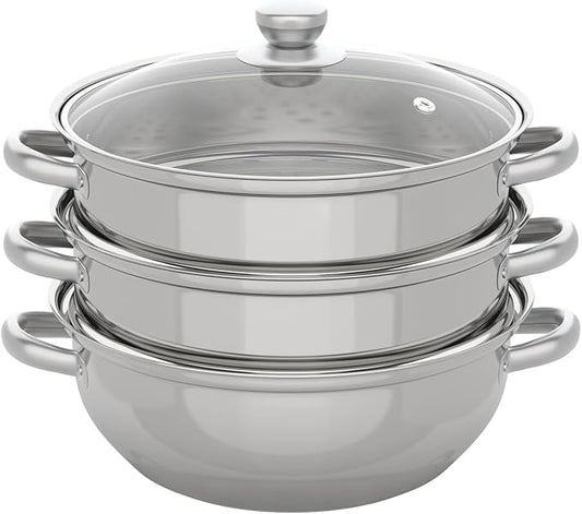 3-Tier Food Steamer Pot for Cooking, Stainless Steel Steamer Pot with Transparent Lid, 11inch Diameter, Stackable Steaming Pots Steam Cooker Cookware for Dumpling Seafood, Work for Induction Stove (11in Diameter)