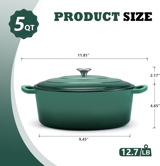 P&P CHEF Oval Dutch Oven with Lid, Enameled Cast Dutch Oven Pot for Bread Baking, Braising, Stewing, Roasting, Non-Stick & Oven Safe, Dual Handles & Easy Clean, 5QT & Dark Green, Valentine's Day