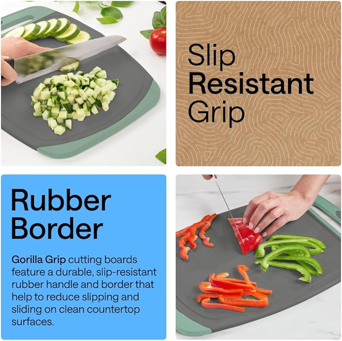 GORILLA GRIP BPA-Free Reversible Kitchen Cutting Board Set of 3, US Designed, Nonporous, Juice Grooves Catch Liquid, Slip Resistant Border, Dishwasher Safe, Durable Food Chopping Boards, Gray Mint