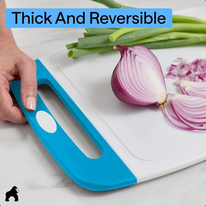 GORILLA GRIP BPA-Free Reversible Kitchen Cutting Board Set of 3, US Designed, Nonporous, Juice Grooves Catch Liquid, Slip Resistant Border, Dishwasher Safe Large Food Chopping Boards, Black Aqua Gray