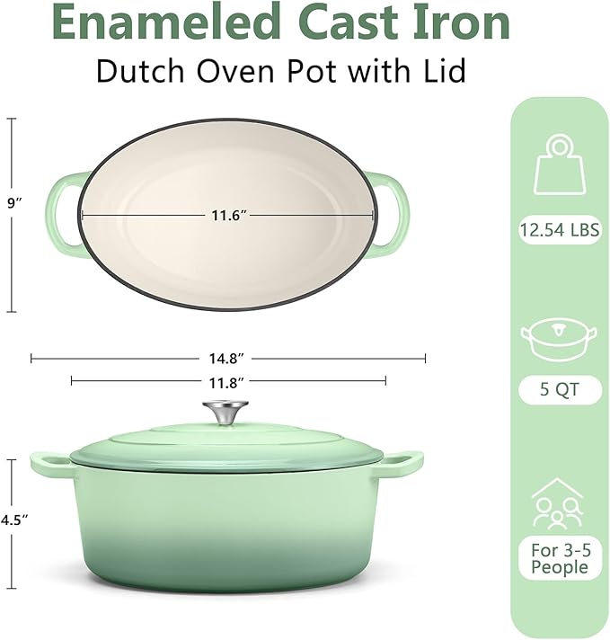 TeamFar Oval Dutch Oven, 5qt Enameled Cast Iron Dutch Oven Pot with Lid, For Bread Baking/Stewing/Braising/Frying, Suitable for Various Stoves, Dual Handles & Easy Cleanup, Pistachio Green