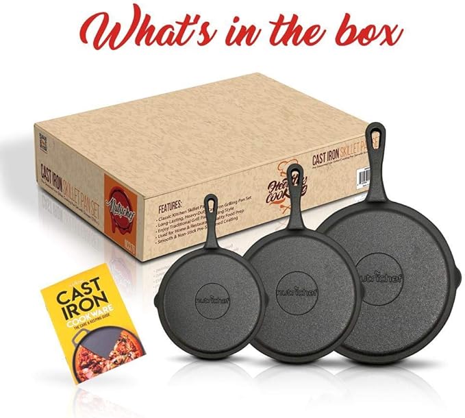 NutriChef Pre-Seasoned Cast Iron Skillets - 3 Pieces Cast Iron Cookware Set w/Drip Spout and Scraper - Compatible with Induction, Electric Stovetop, Gas, & Ceramic - NCCI76