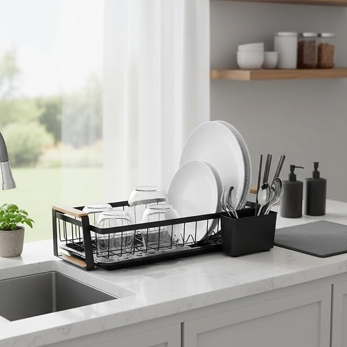 Dish Rack, Over Sink Metal and Wood Dish Drainer with Detachable Drip Tray and Utensil Holder, Space Saving Kitchen Organizer for Countertop (Black)