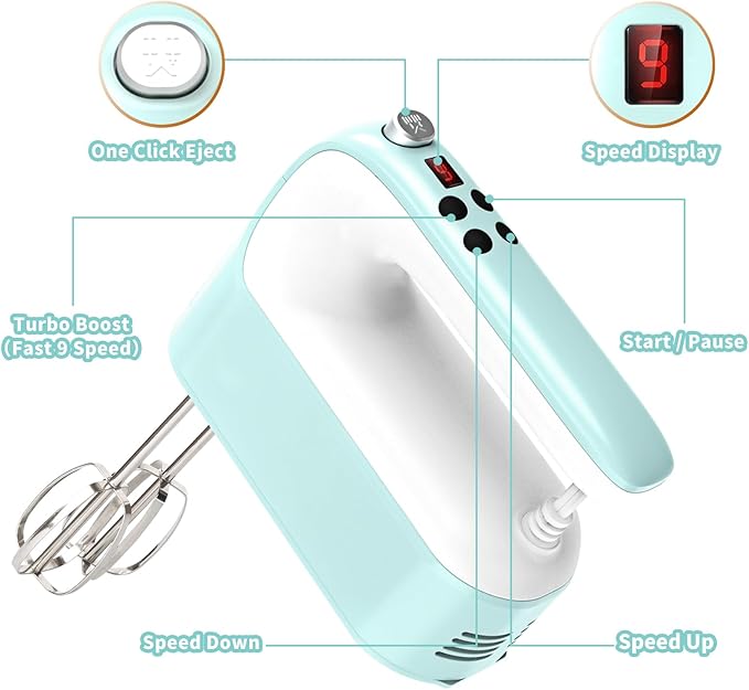 9-Speed Digital Hand Mixer Electric, 400W Powerful DC Motor, Hand Mixer Electric Handheld with Snap-On Storage Case, 5 Stainless Steel Accessories, Beaters, Dough Hooks, Whisk(Ice Blue/White)