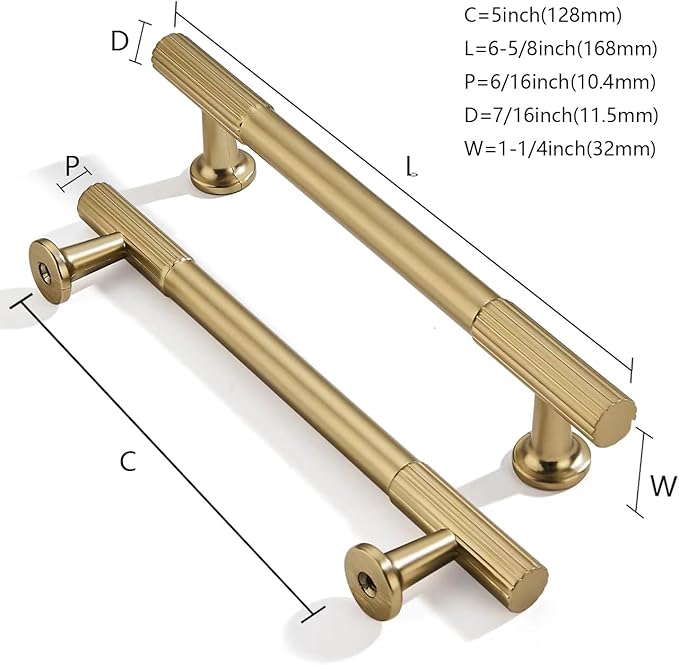 khtumeware 5 Inch Hole Center 5 Pack Brushed Brass Heavy Duty Solid Warm Brass Cabinet Pulls, Kitchen Drawer Handles, for Dresser cabinets, cabinets