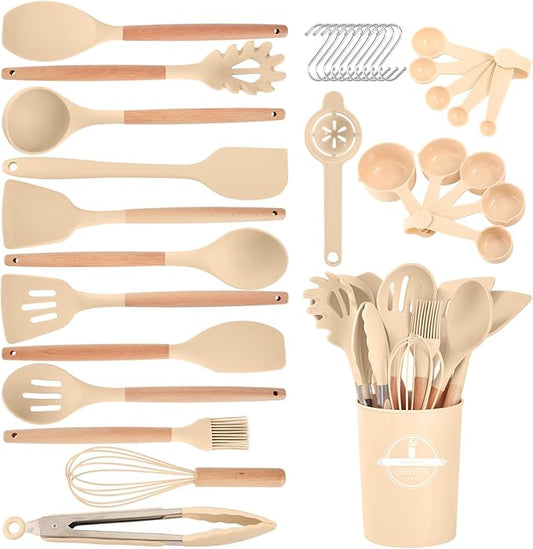 Kitchen Utensils Set - 34 PCS Non-Stick Silicone Cooking Utensils Set Spatula Set with Holder, Wooden Handle Spoon,Brush,Whisk Kitchen Gadgets Tools Set for Nonstick Cookware (Khaki-34P)