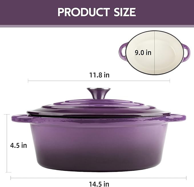 5.5 Quart Oval Enameled Cast Iron Dutch Oven Pot with Lid, Oven Safe up to 550° F & Dishwasher Safe, Sturdy Dutch Oven Cookware (Purple, 5.5 QT)
