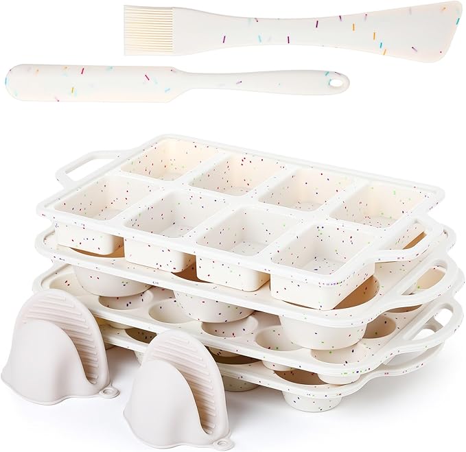 7 Pcs Silicone Baking Pan Set with 4 Molds (Loaf, Muffin, Mini Muffin, Round), Spatula, Dual-head Pastry Brush Oven Mitts Nonstick for Cupcakes Brownies Bread, Confetti Design